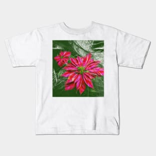 Abstract vibrant red poinsettia on green texture Kids T-Shirt